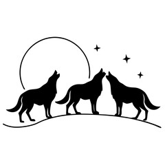 Minimalist Wolf Trio Howling at the Moon - Vector Art