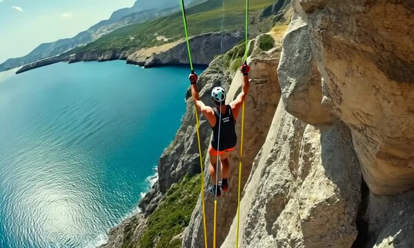 A man is climbing a rock wall with a view of the ocean in the background 4K Video