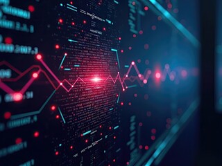 Futuristic data visualization. Glowing red graph lines and blue digital code on dark background. Abstract representation of financial or technological analysis.
