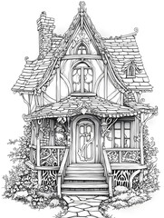 A whimsical, hand-drawn illustration of a charming cottage with intricate details and a welcoming porch.