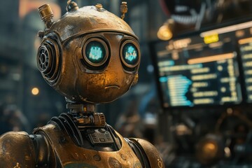 A Close-Up Portrait of a Rusty, Glowing-Eyed Robot