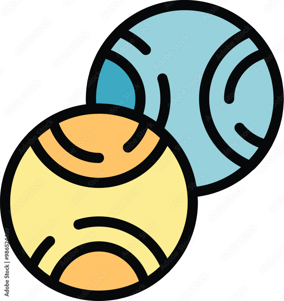 Poster simple icon of two planets orbiting around each other in space, with a colorful cartoon like line ar