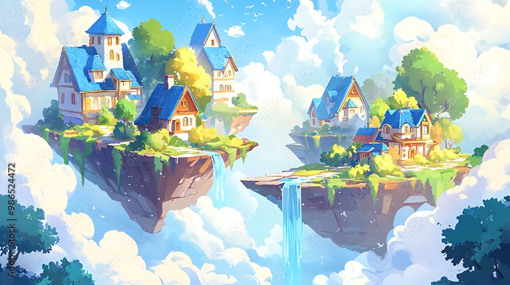 Canvas Prints Fantasy sky village with houses on floating islands and waterfall