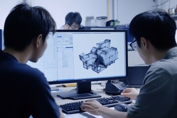 Two Men Collaborate on a 3D Model on a Computer