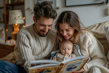 Obraz premium Couple Viewing Baby's Photo Album From Above on a White Background