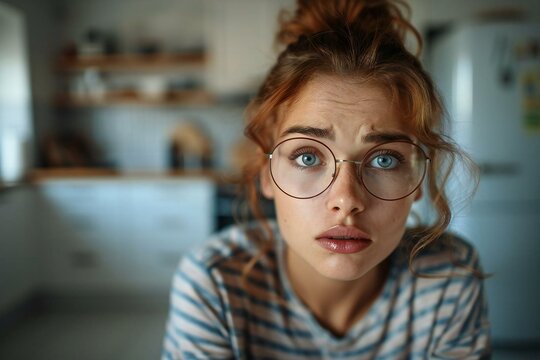 Woman in kitchen looking worriedly at empty refrigerator from behind