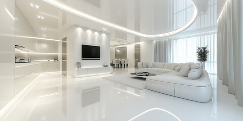 Ultra-modern living room with an open kitchen, white decor, and minimalistic furniture. Bright, clean lines and futuristic lighting offer a sleek ambiance