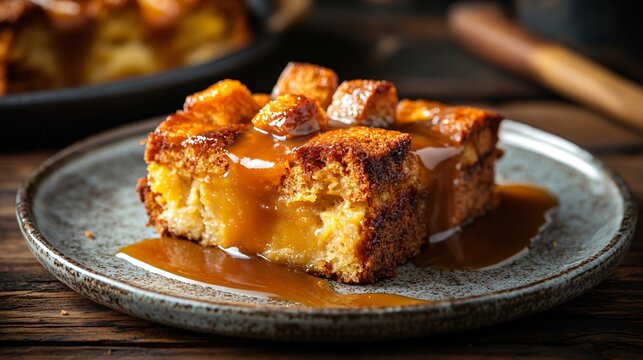 Pumpkin bread pudding with caramel sauce, isolated on a rustic ceramic plate with a dark wood background