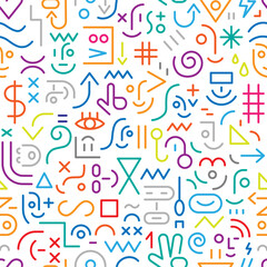 Faces of people creative abstract style seamless pattern , funny education line sign and symbol