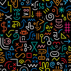 Faces of people creative abstract style seamless pattern , funny education line sign and symbol
