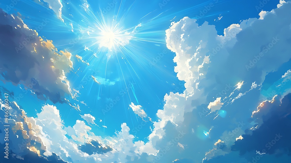 Sticker Beautiful blue sky with bright sun and fluffy white clouds in a dreamy style