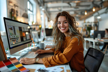 Female Designer Working on Multiple Computers Using High Angle View of Color Swatch