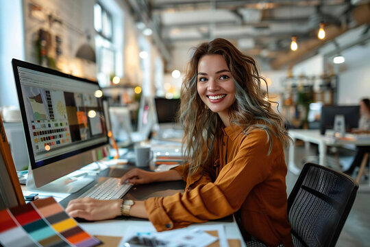 Female Designer Working on Multiple Computers Using High Angle View of Color Swatch