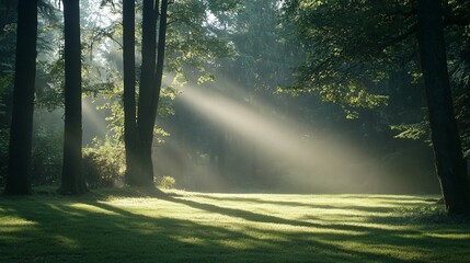 Obraz premium Sunbeams Streaking Through a Misty Forest Clearing