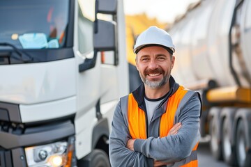 Confident truck driver in safety gear smiling while standing in front of his tanker truck on a sunny day