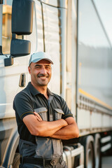 Smiling truck driver in work uniform standing confidently with arms crossed beside his large commercial truck on a bright, sunny day