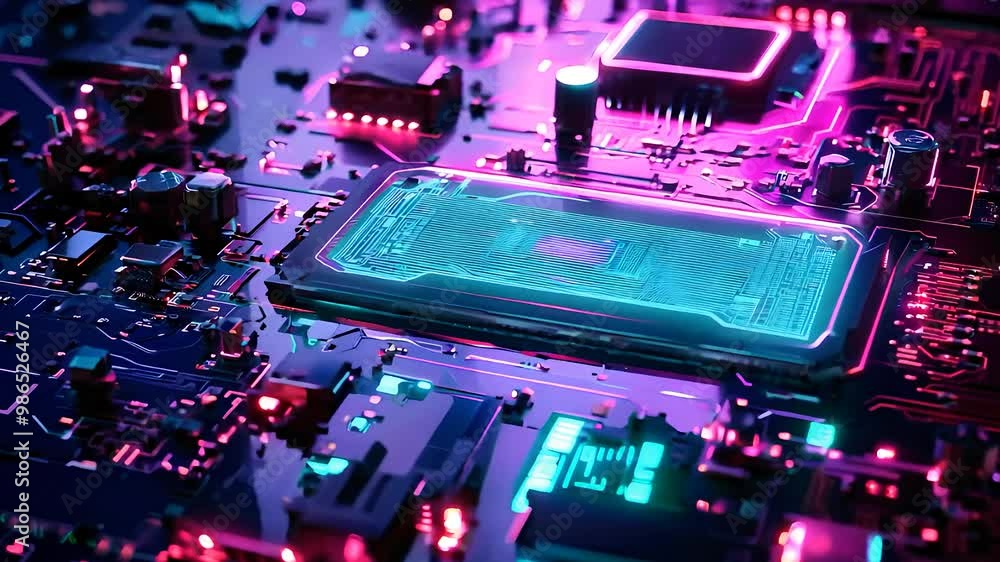 Poster futuristic circuit board with glowing microchip and vibrant neon colors representing advanced digita