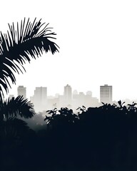 Fototapeta premium A silhouette of a city skyline with palm trees in the foreground, creating a hazy and atmospheric scene.