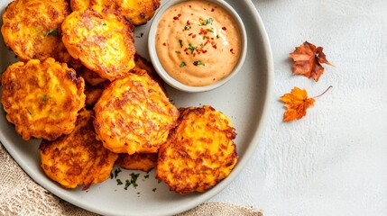 Pumpkin fritters with a spicy dipping sauce, isolated on a light gray ceramic plate with a cozy fall backdrop