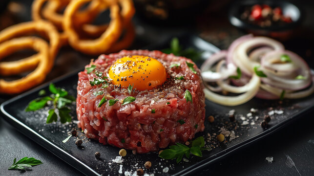 Steak tartare served with toasted buttered bread on a black square plate