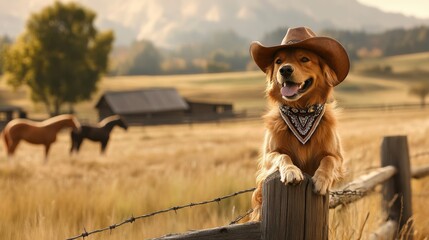 A cheerful dog wearing a cowboy hat and a bandana lounges on a wooden fence, enjoying a sunny day, while horses graze peacefully in the background