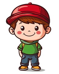 A cute cartoon illustration of a young boy with brown hair, wearing a red cap, green shirt, and blue pants, smiling.