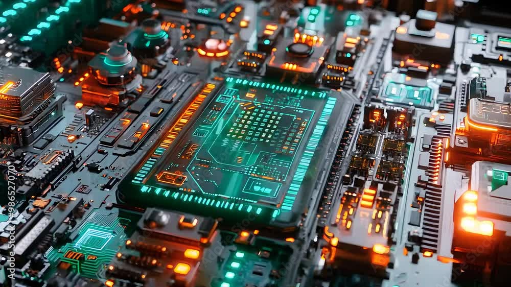 Poster close-up of a glowing circuit board with advanced microchip and electronic components representing m