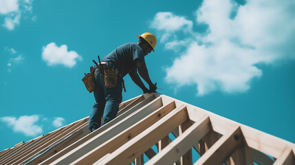 The construction of a roof is captured mid-process, with a worker hammering nails into wooden trusses, surrounded by an expanse of sky and nearby trees.