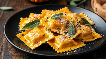 Pumpkin ravioli with browned butter sauce and sage, isolated on a modern black plate with a rustic wooden backdrop