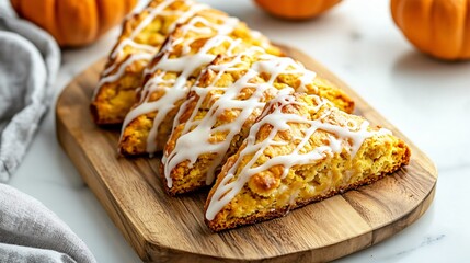 Pumpkin scones with a glaze drizzle, arranged on a wooden cutting board, isolated on a light marble surface