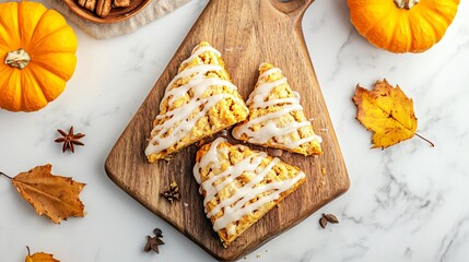 Pumpkin scones with a glaze drizzle, arranged on a wooden cutting board, isolated on a light marble surface