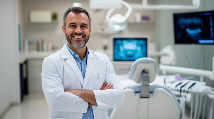 Obraz premium A professional dentist stands proudly, smiling next to his chair and tools, with the clean lines of a modern clinic adding to the professional atmosphere.