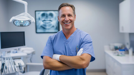 A smiling dentist with a bright expression, surrounded by his work environment, where the sterile white walls and dental instruments create a backdrop of precision.