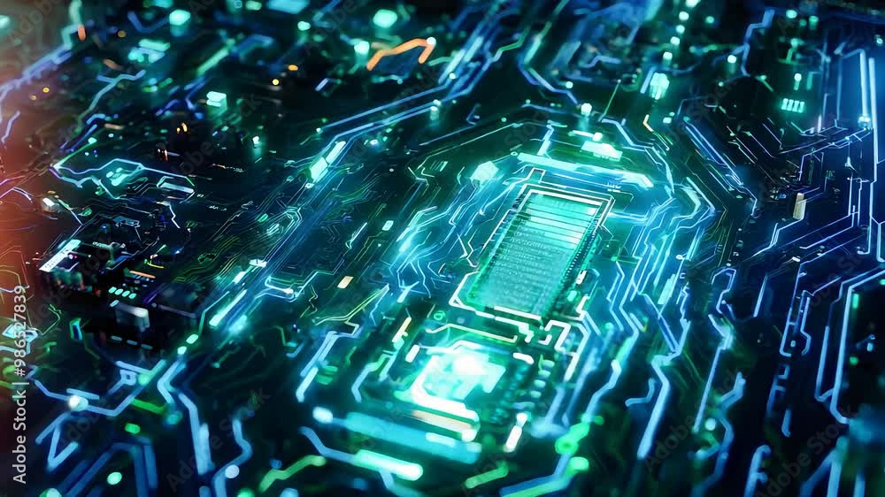 Poster close-up of glowing futuristic circuit board representing advanced digital technology and electronic