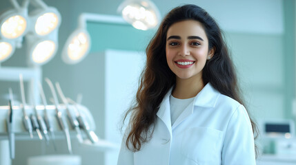A smiling female dentist, standing confidently in her modern dental clinic, with bright lights reflecting off the clean, sterile surfaces of the equipment around her.