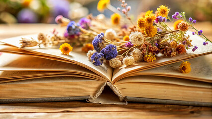 Closeup of dried wildflowers on an open book - perfect for background, literature, wallpaper, wildflower