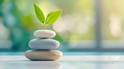 Obraz premium Zen Stones with Green Plant Tranquil Meditation and Balance Concept