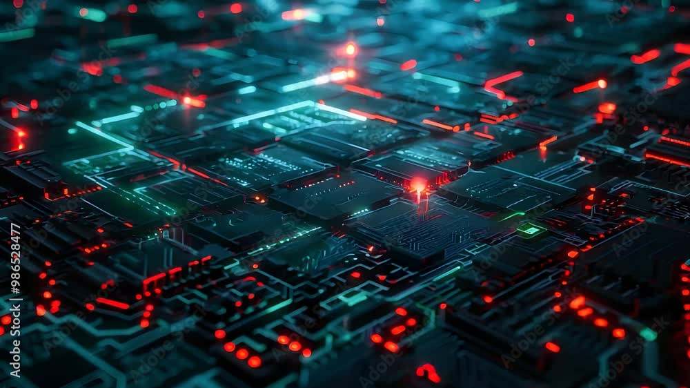 Aufkleber futuristic circuit board with glowing red and green lights representing advanced digital technology 