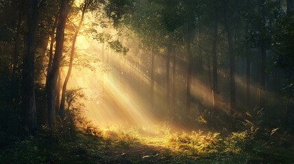 Golden Sunlight Illuminates a Misty Forest Path