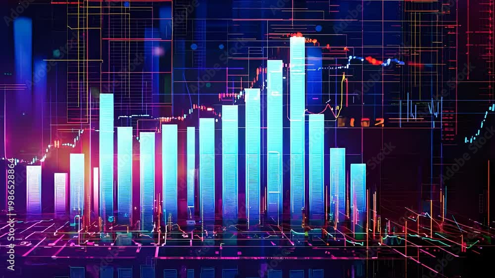 Poster digital financial chart showing rising bar graphs and stock market trends in futuristic data visuali
