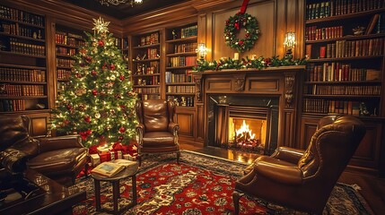 Cozy Christmas Library with Fireplace and Decorated Tree