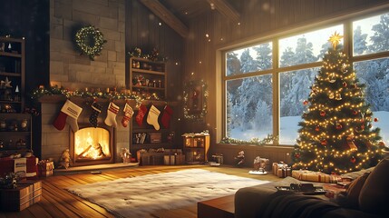 Cozy Christmas Living Room with Fireplace and Snowy View