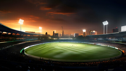 A night of cricket magic: A stunning aerial view of a cricket stadium bathed in floodlights, capturing the excitement and passion of a live match