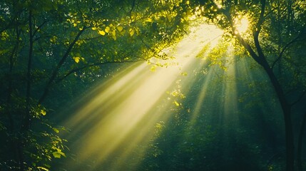 Obraz premium Sunbeams Shining Through Lush Green Trees in a Forest