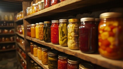 well-organized food storage room with shelves lined with home-canned pickled vegetables and fruits, evoking a sense of security against the backdrop of an apocalyptic world, high-resolution photograph