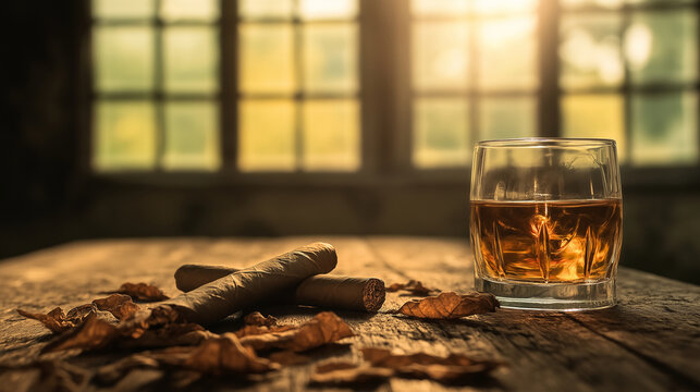 A neatly rolled cigar with rich tobacco tones lies next to aged tobacco leaves on the rustic table, accompanied by a glass of smooth bourbon, the plantation view peaceful and seren