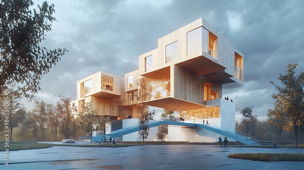 Aufkleber modern architecture design with floating cubes and a bridge, 3d illustration