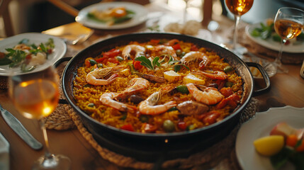A large bowl of food with shrimp and tomatoes sits on a table with wine glasses