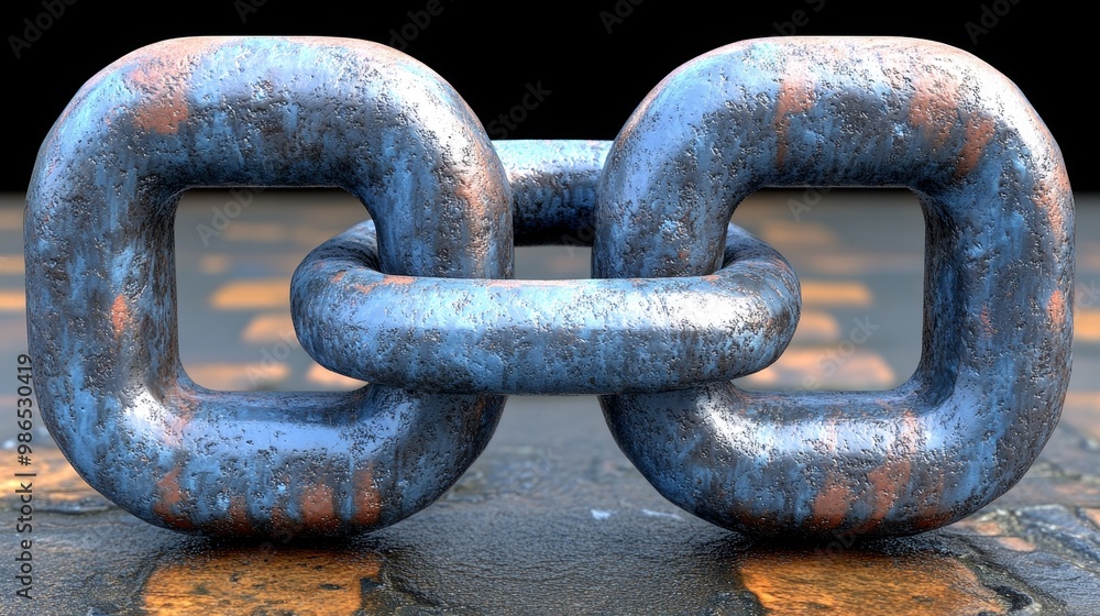 Poster a close-up view of a strong metal chain link, showcasing its texture and rust, symbolizing strength 