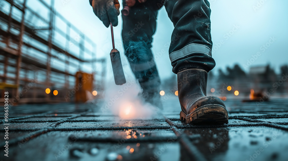 Poster a close-up view of a workerâs hands using a blowtorch to seal the edges of a bitumen membrane, smo